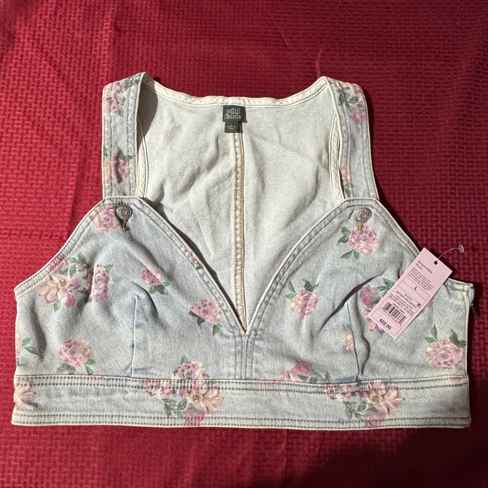Women's Cropped Denim Vest - Wild Fable Light Wash Floral Large 02917